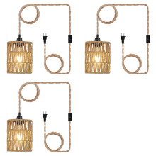 3X Boho Plug in Pendant Light, Hanging Light with Plug in Cord, Ceiling Lamp Rattan Cylinder Lamp Shade  US Plug