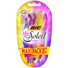 BIC Miss Soleil Colour Collection, Triple Blade Razor for Women, Great Grip and Control, With Flower Designed Handles, Pack of 8