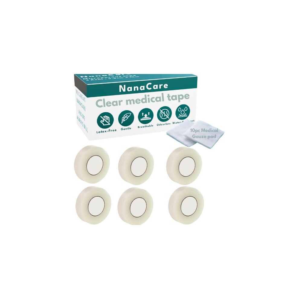 Nanacare Clear Medical Tape Waterproof, 6 Rolls 1.25Cm X 9M - Hypoallergenic Surgical Tape For Wound Care, Dressings & Face, First Aid Waterproof Ban