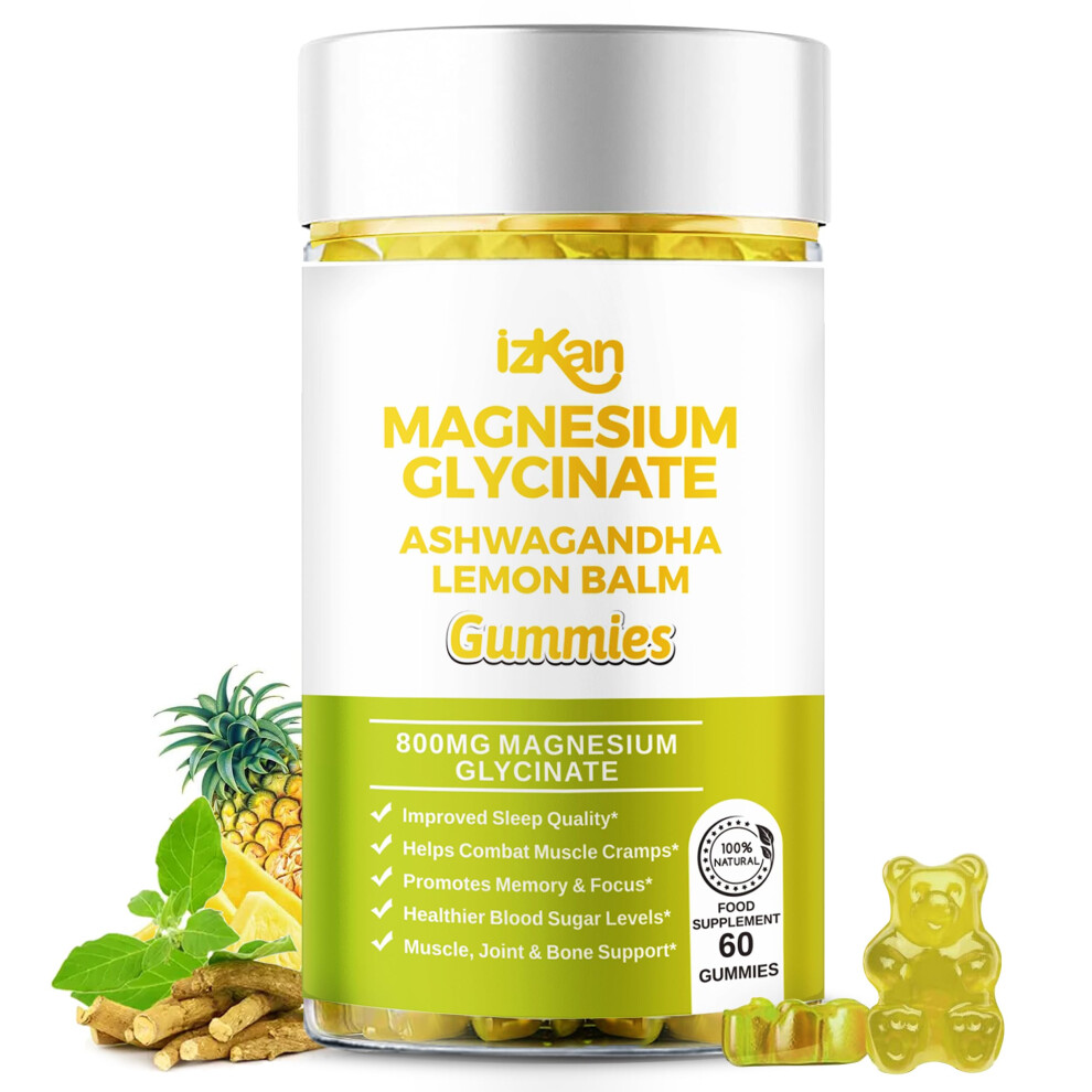 Izkan Magnesium Glycinate Gummies 800Mg - Sugar Free Magnesium Supplement With Ashwaga