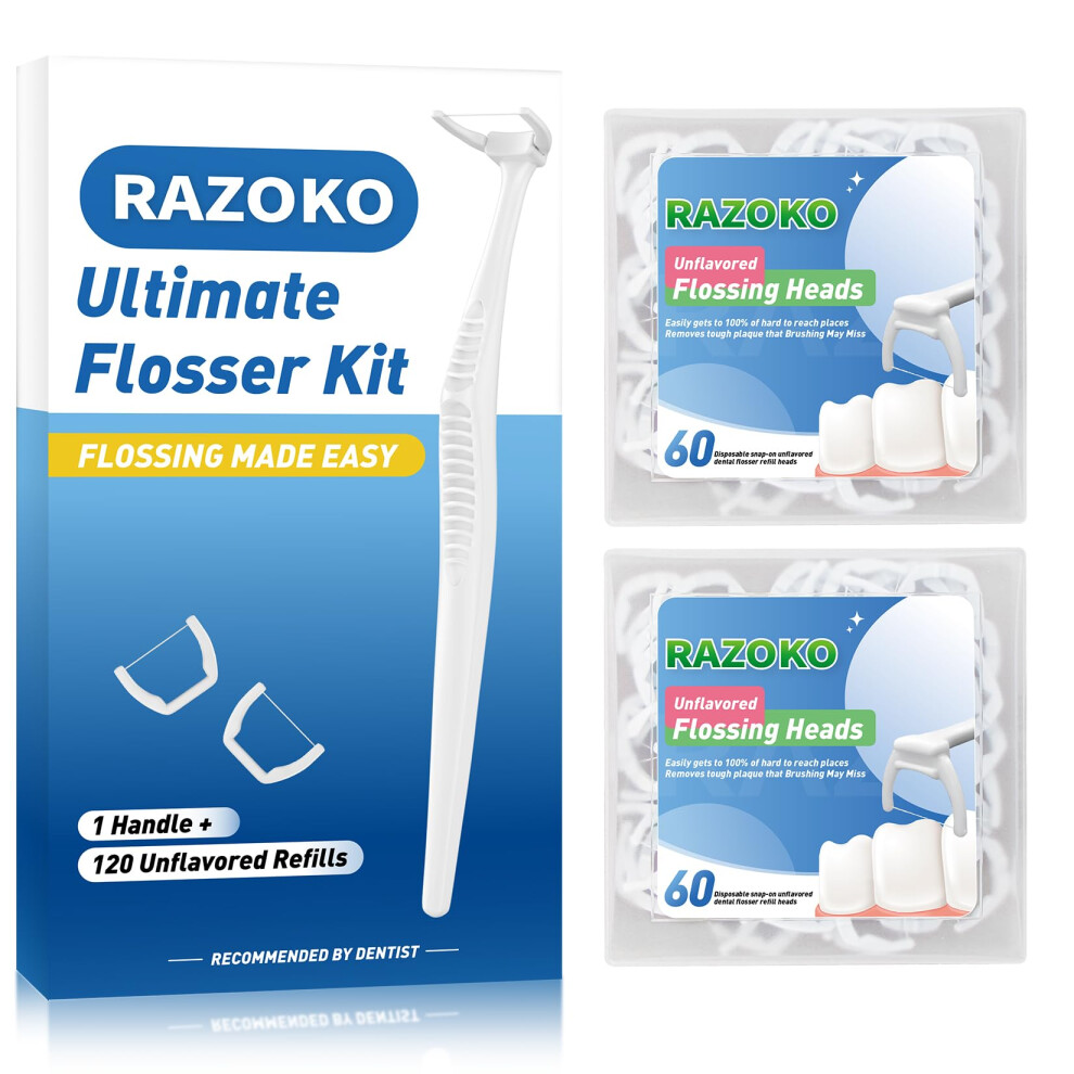 Razoko Dental Floss Picks Clean Dental Flossers Kit (1 Handles & 120 Refills)