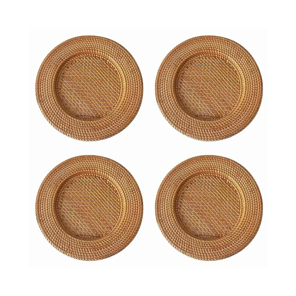 Brecantia 4Pcs 13 Inch Handmade Natural Rattan Plate Decorative Round Placemat Bread Snack Serving Tray Table Decor