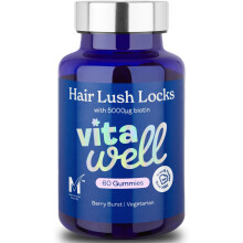 Vitawell Hair Lush Locks Gummies - Hair Growth + Skin + Nails Vitamins Chews | Complex Formula 5000µg Biotin + Zinc + Vitamin A, D3, C, B12 | 60