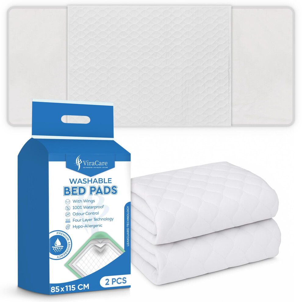 Viracare 2 X Washable Incontinence Bed Pads With Tucks/Flaps | 85 X 115 Cm | Incontinence Bed Sheets | Suitable For Double Bed | Reusable & White | Absorbent