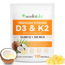 Premium Vitamin D3 & Vitamin K2 (MK-7) 120 Virgin Coconut Oil Softgels, 2 in 1 Vitamin D3 K2 Supplement Support Immune, Bones & Muscle Health, Easy t