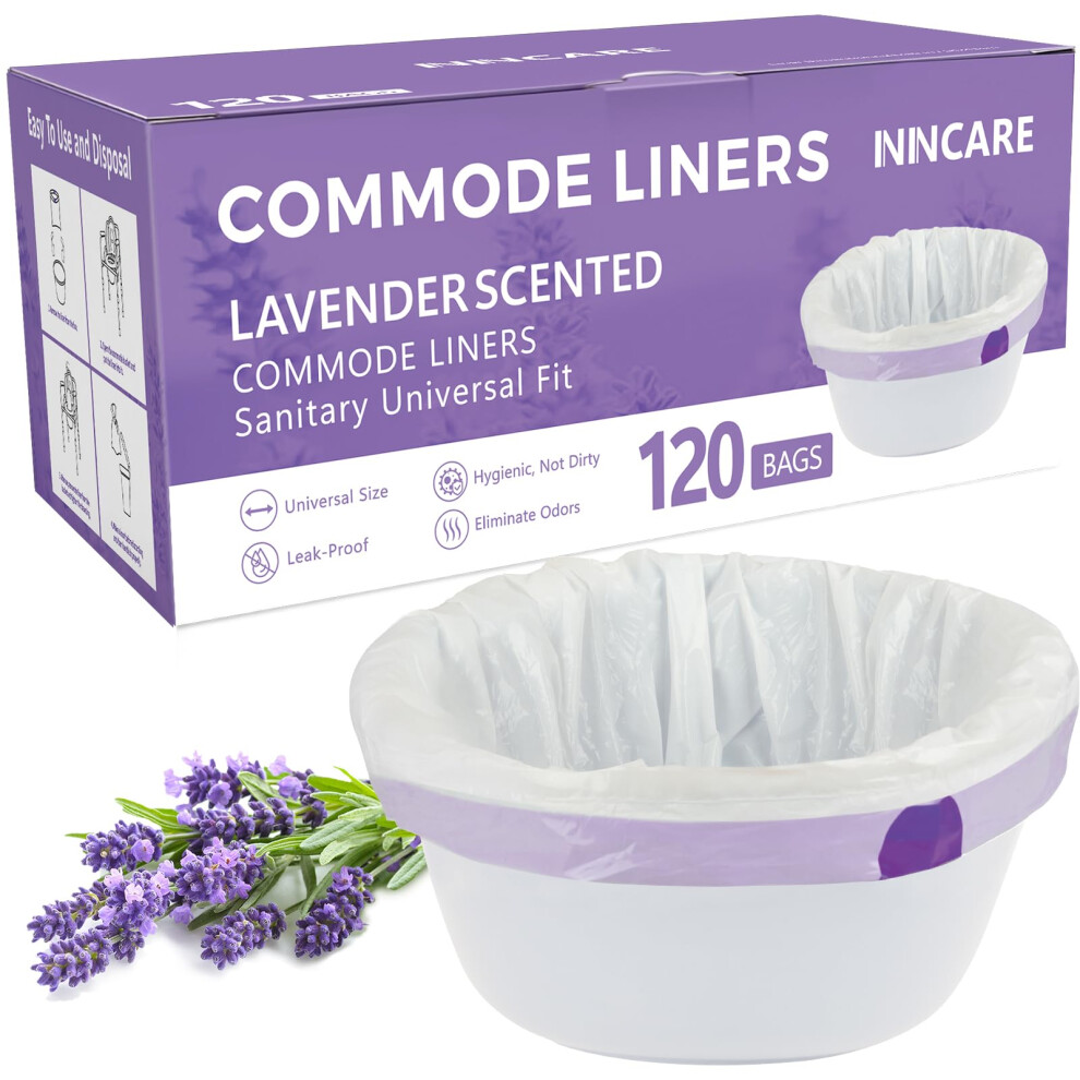 Inincare Lavender Commode Liners For Bedside Commode, Portable Toilet, Potty, Bed Pan, 120 Count Scented Disposable Potty Chair Liners & Portable Toi