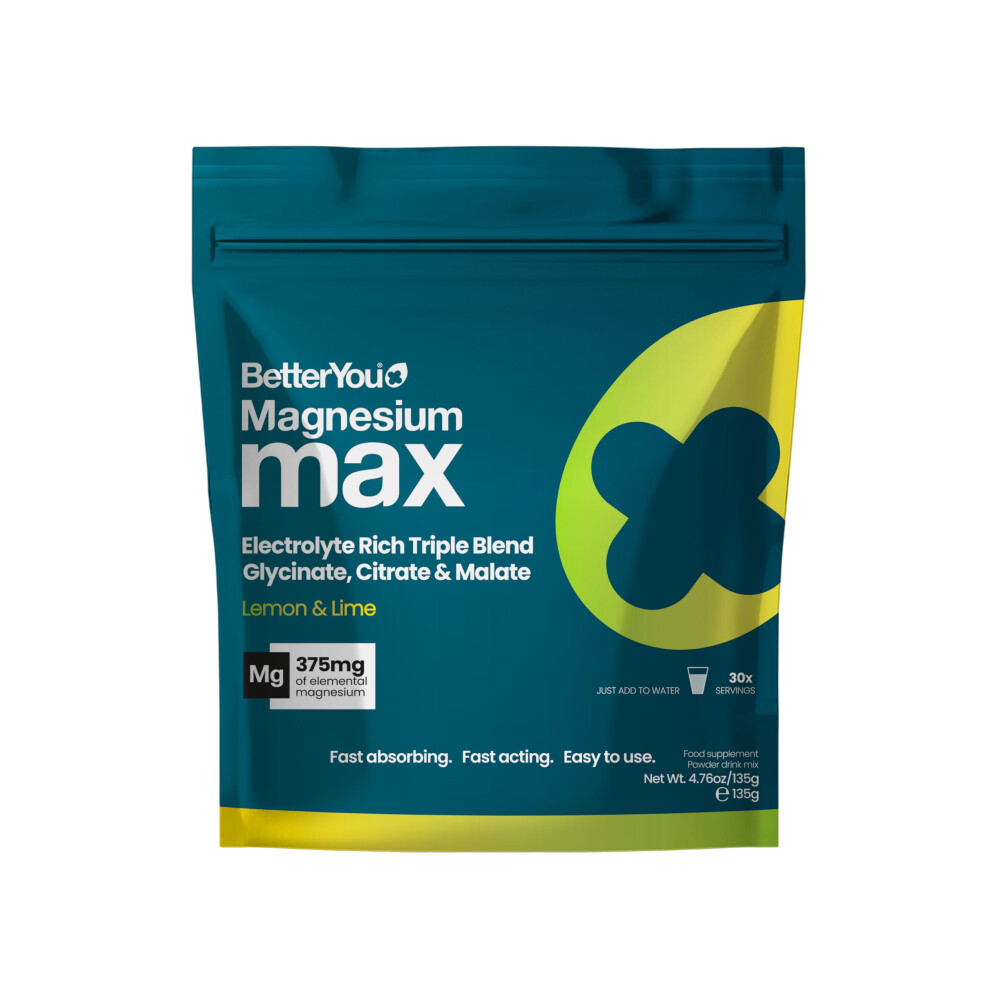 Betteryou Magnesium Glycinate, Citrate & Malate Supplement | Magnesium Max Powder - Lemon & Lime Flavoured, 3-In-1 Powder 375Mg Elemental Magnesium,