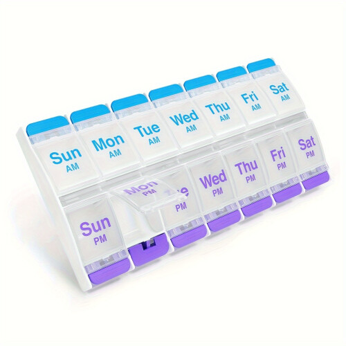 Portable Pill Boxes 7 Day Push Button Pill Organizer Case AM PM Compartments Easy Open Dispensers