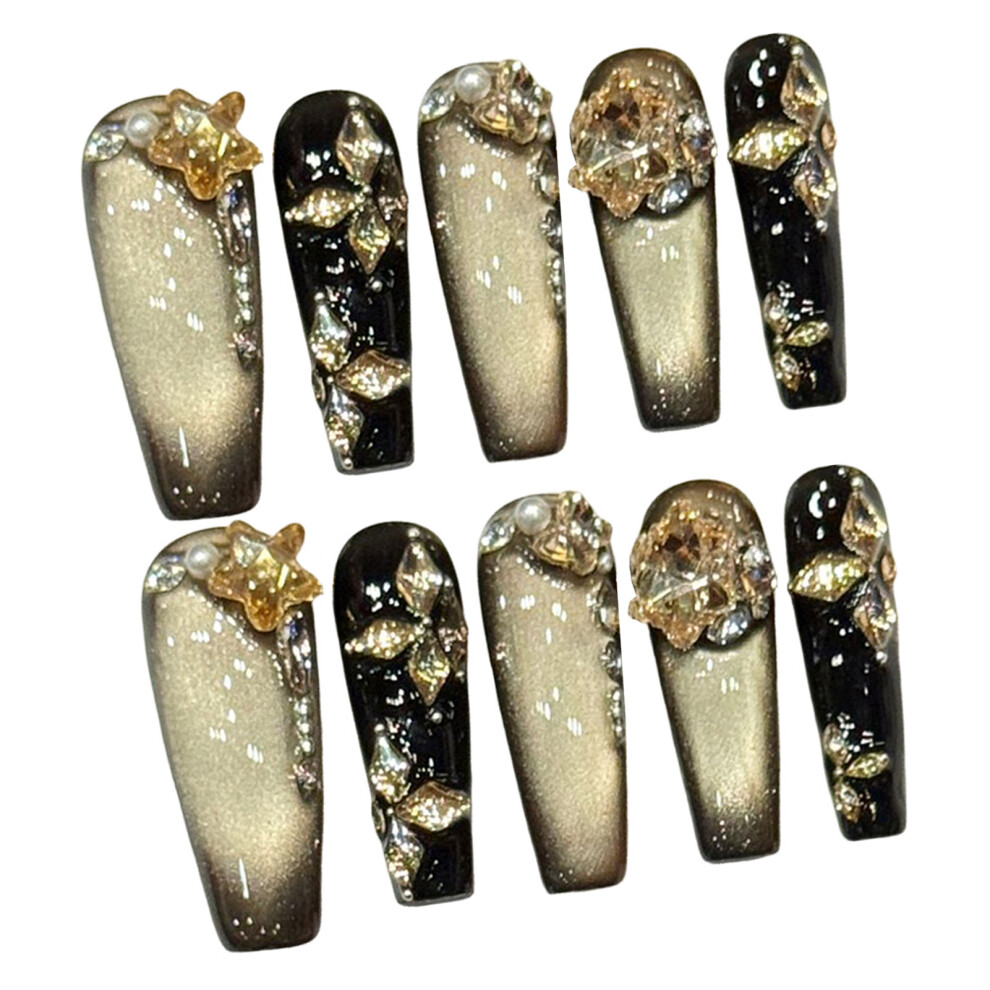 Reach-Tools (3213 Extra Long Square, S) 10Pcs Sparkle Cat Eye Press On Nails Rhinestones Decor