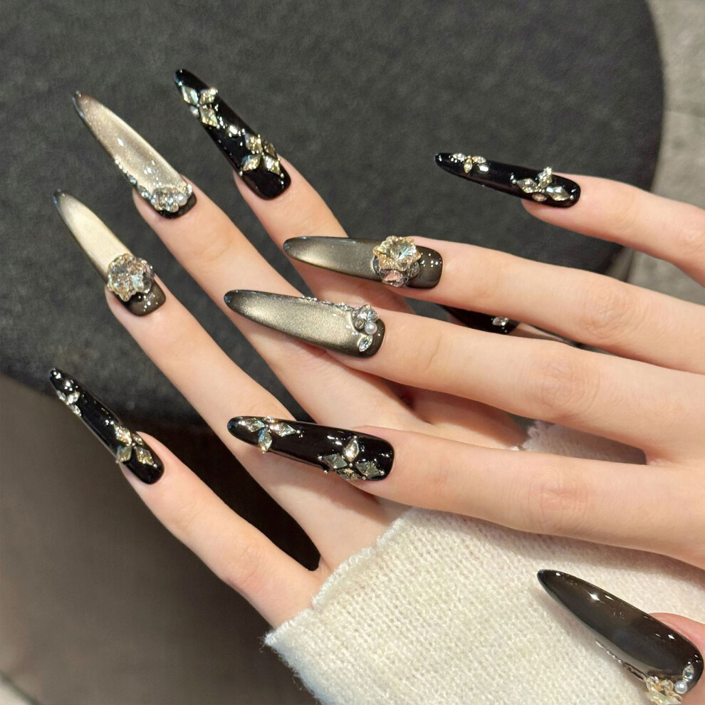 Reach-Tools (3215 Slim Stiletto, M) 10Pcs Sparkle Cat Eye Press On Nails Rhinestones Decor