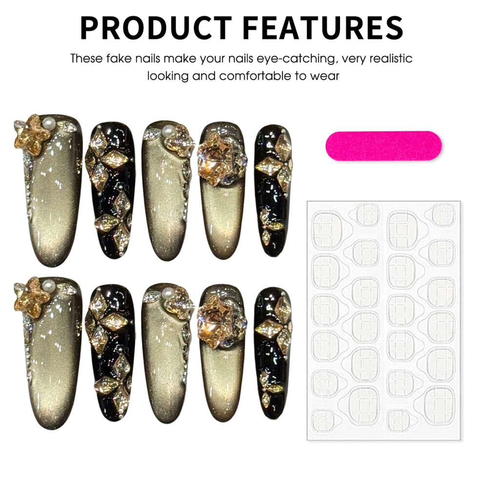 Reach-Tools (3211 Long Oval, M) 10Pcs Sparkle Cat Eye Press On Nails Rhinestones Decor