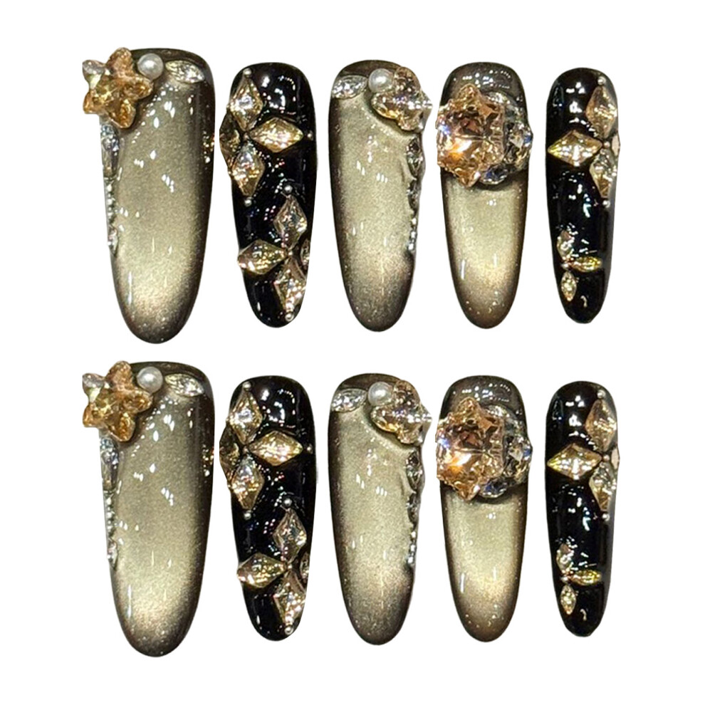 Reach-Tools (3211 Long Oval, L) 10Pcs Sparkle Cat Eye Press On Nails Rhinestones Decor