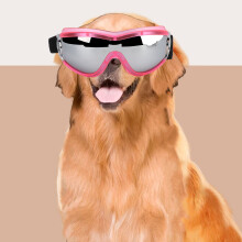 Dog Sunglasses UV Protect, Adjustable Windproof Pet Glasses, Pink Frame, Silver Lens