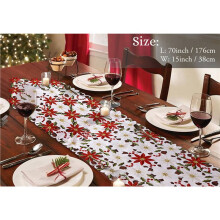 3X Christmas Table Runner, Poinsettia Holly Leaf Embroidered Table Linens for Christmas Decorations 15 X 53 Inch