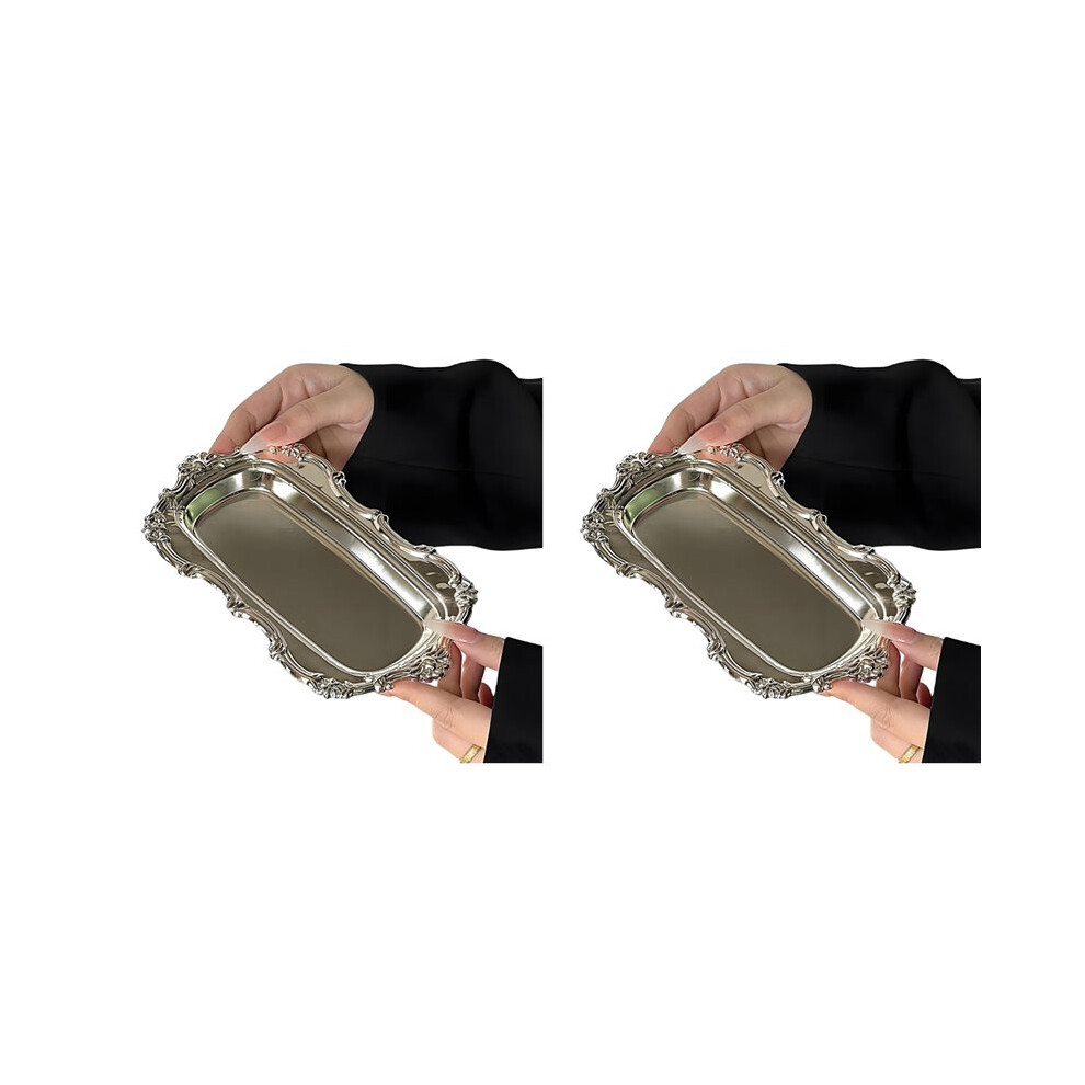 2X Vintage Embossed Stainless Steel Tray Serving Platter For Desserts Jewelry Storage Snack Plate For Dining Table Decor Silver Brecantia