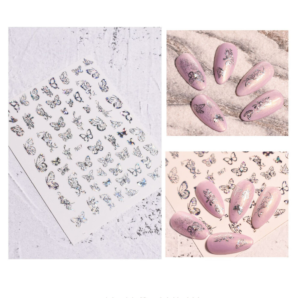 Roc-Electron (Manicure Cat Eye Silver Butterfly Sticker 867) Butterfly Nail Stickers For Women - 50Pcs