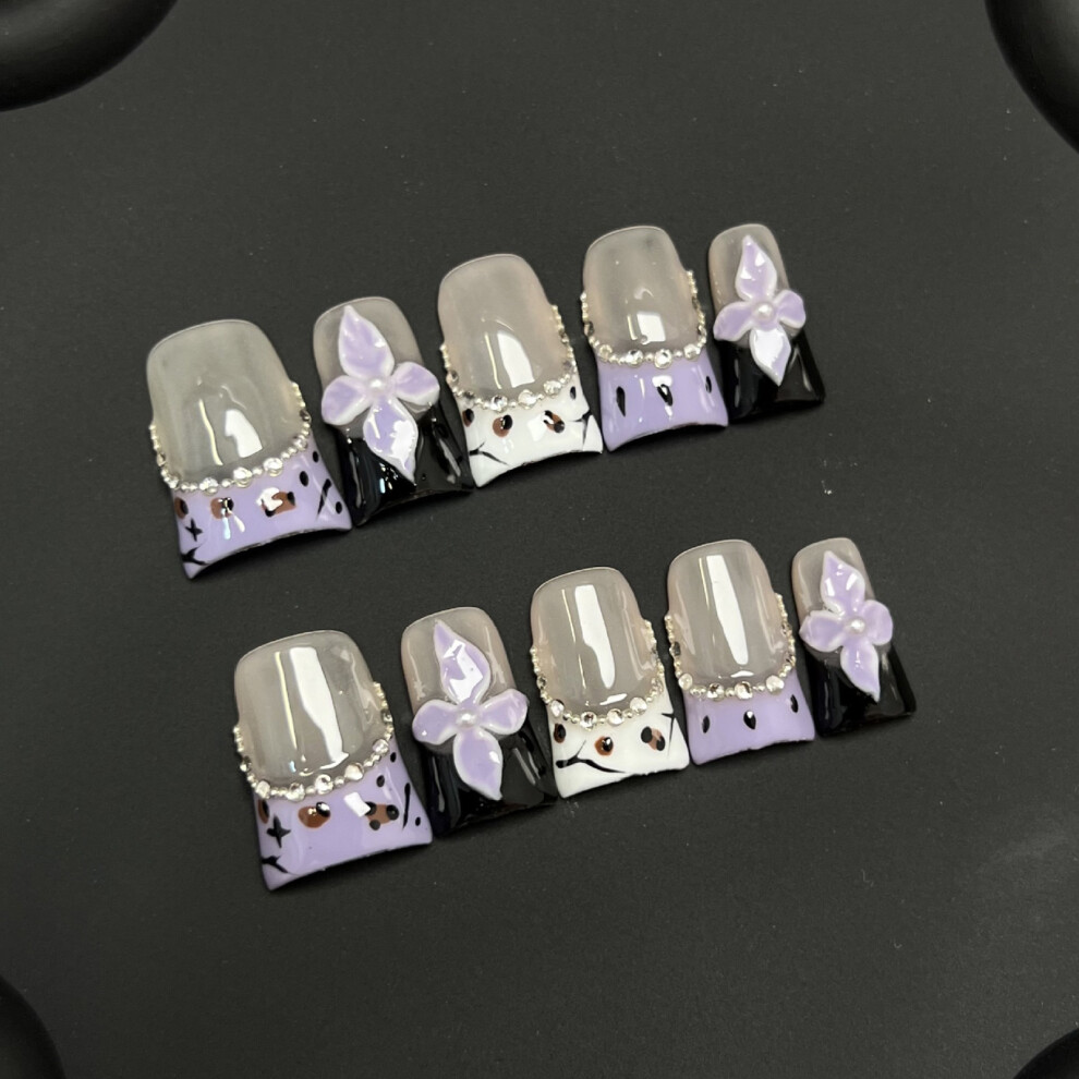 Roc-Electron (S) 10Pcs Mauve&Black Press-On Nails, Reusable, Long-Lasting