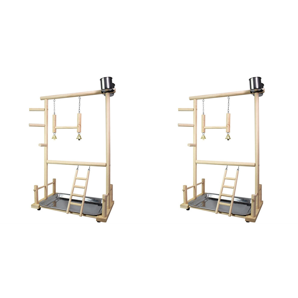 2X Parrots Playground,Natural Wooden Perch Gym Stand Parakeet Ladders With Feeder Cups Brecantia