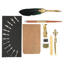 Retro Dark Green Feather Pen Set Gift for Teachers & Couples, 23.9x13.4cm