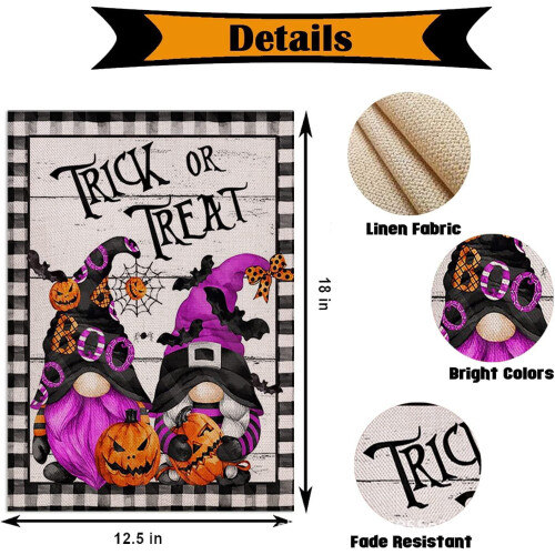 Σημαία Κήπου για το Halloween12x18, Διπλής Όψης, Μωβ Σημαίες Κήπου με Νάνους, Ριγέ Κάθετη 1