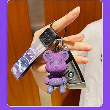 4 Pcs Men Women Boy Girl Cute Color Bear Keychain Braided Rope Resin Animal Pendant Metal Key Ring Gray