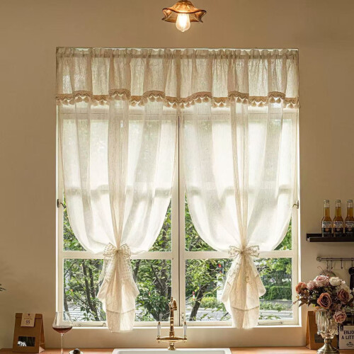Boho Curtain Valance Sheer Cotton-Linen Short Panel with 1