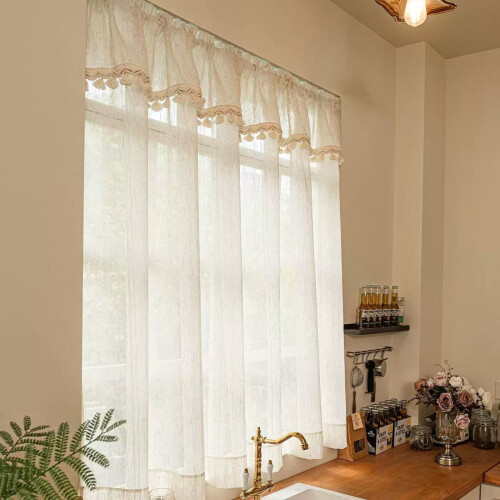 Boho Curtain Valance Sheer Cotton-Linen Short Panel with 2