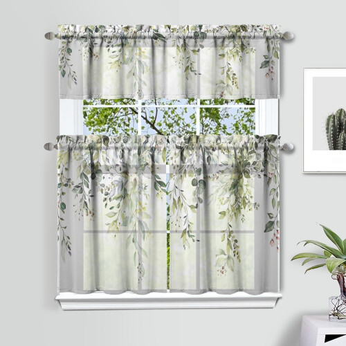 Leaf Kitchen Curtains Farmhouse Green 3-Piece Set 1