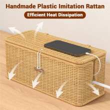 Kabelmanagementbox, Steckdosenleisten-Organizer mit Verriegelbarer Abdeckung, Handgefertigter Rattan-Kabel-Organizer, Kabel-Organizer