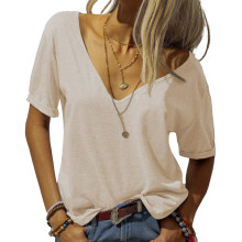 Women's basic short-sleeved V-neck deep-length-apricot XXL