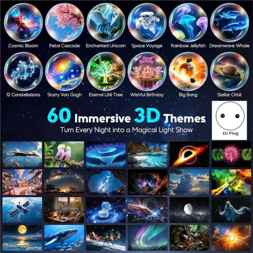 3D  Projector with 60 Immersive Themes,HD Immersive Star Projector with  Speaker & Timer,Eu Plug 2