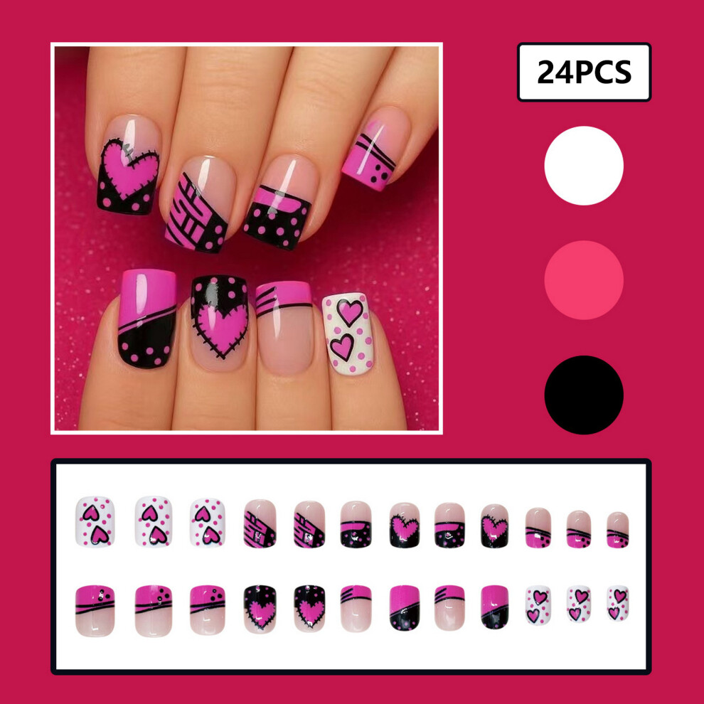Hue-Grain 24Pcs Y2k Pink Heart Fake Nails Short Square Party Gift
