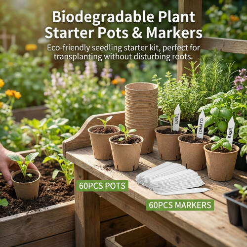 (8cm x 60 Pulp Pots 60 Labels) 3.1/4\" Biodegradable Seedling Pots - 60Pcs 2