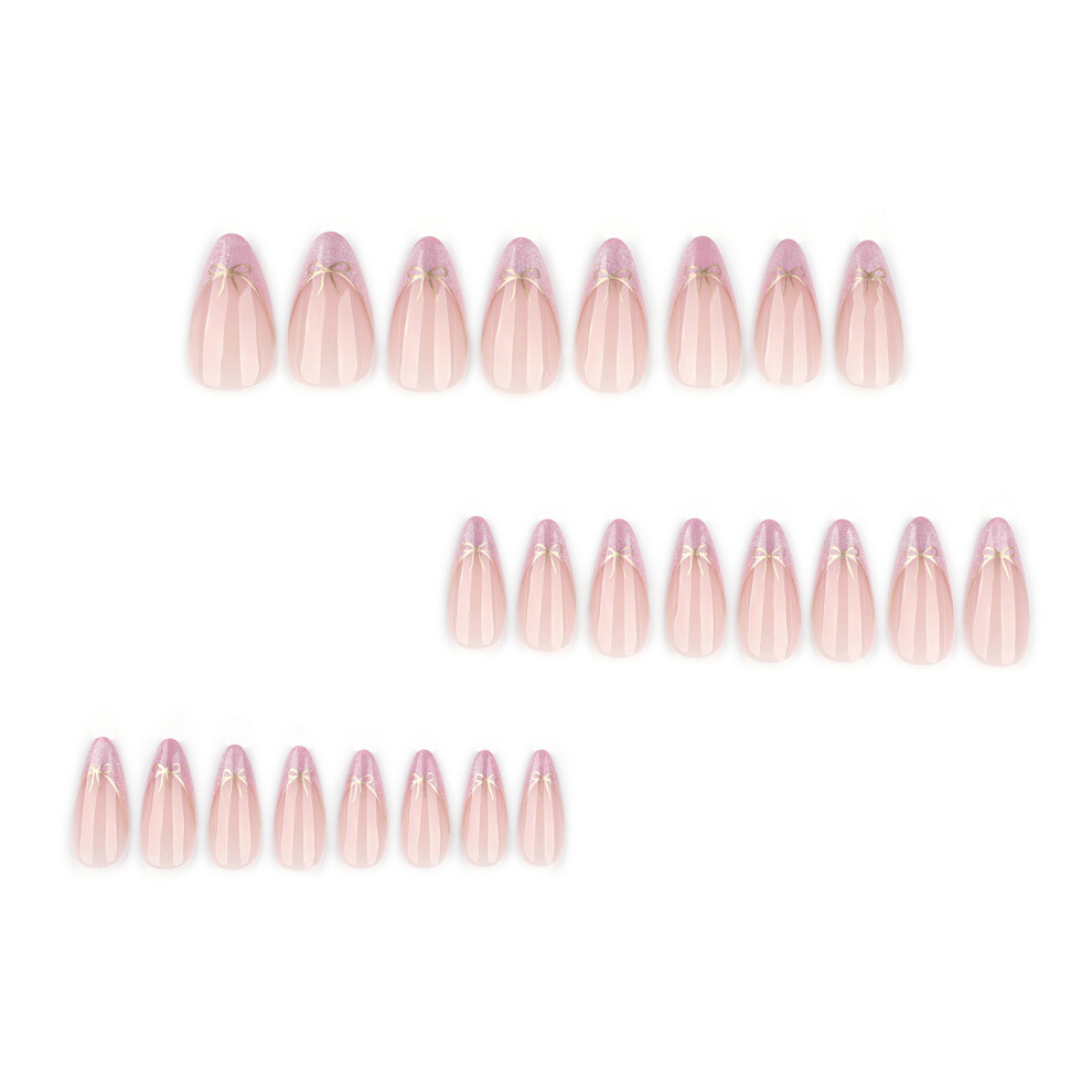 Roc-Electron Pink 24Pcs French Almond Nails With Bowknot
