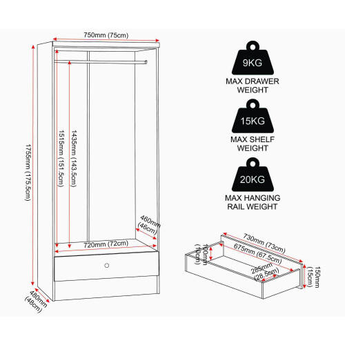 Seconique Denver 2 Door 1 Drawer  Wardrobe White Gloss 2