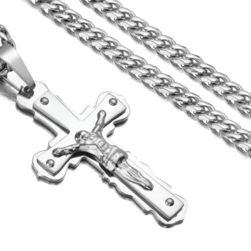 Colar masculino com pingente de crucifixo de Jesus em aço inoxidável dourado e prateado - Prata - 81 cm (32 polegadas) 2