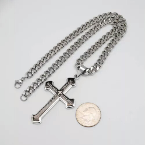 Colar masculino com corrente cubana de 7 mm e pingente de cruz grande com versículo bíblico em aço inoxidável - 50 cm (20 polegadas) 1