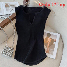 (Black,S)Camiseta sin mangas de punto de alta calidad con ajuste alineado y longitud corta para estilo de verano