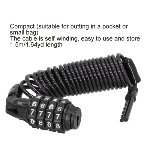 Motorcycle Helmet Cable Lock 1.5m, Anti-Theft, 4-Digit Password, Black 2