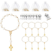 20 Sets Baptism Favors Acrylic Rosary Beads with Thank You Tags and Organza Bags for Baptism Weddings Party Favors Gold