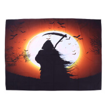 Tapeçaria de parede de Halloween com decoração de Halloween, abóbora laranja, lua cheia e silhueta de morcego. Tecido macio premium para quartos