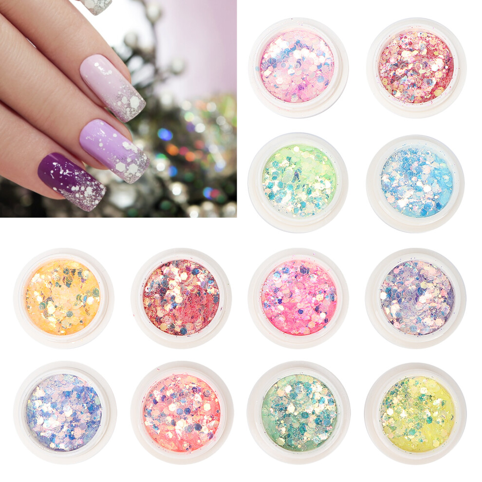 12 Boxes Nail Art Sequins Glitter Flakes DIY Nail Decor, Colorchange