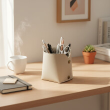 (Creamy White) Leather Pen & Brush Holder Detachable Design