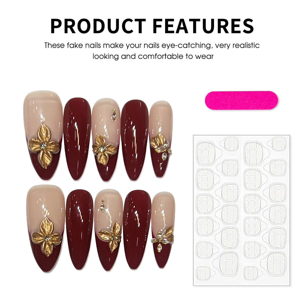 Reach-Tools (Xs) 10Pcs French Glossy False Nails Red Long Flower Design