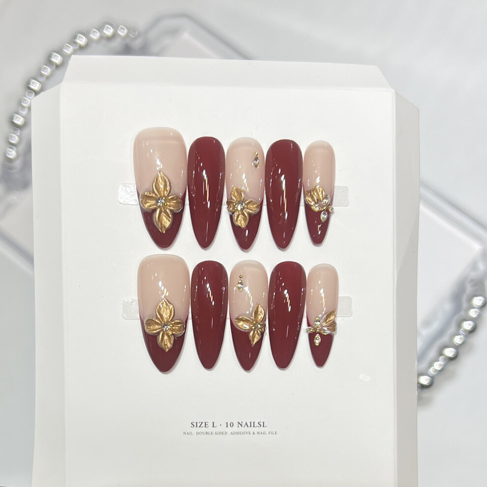 Reach-Tools (M) 10Pcs French Glossy False Nails Red Long Flower Design