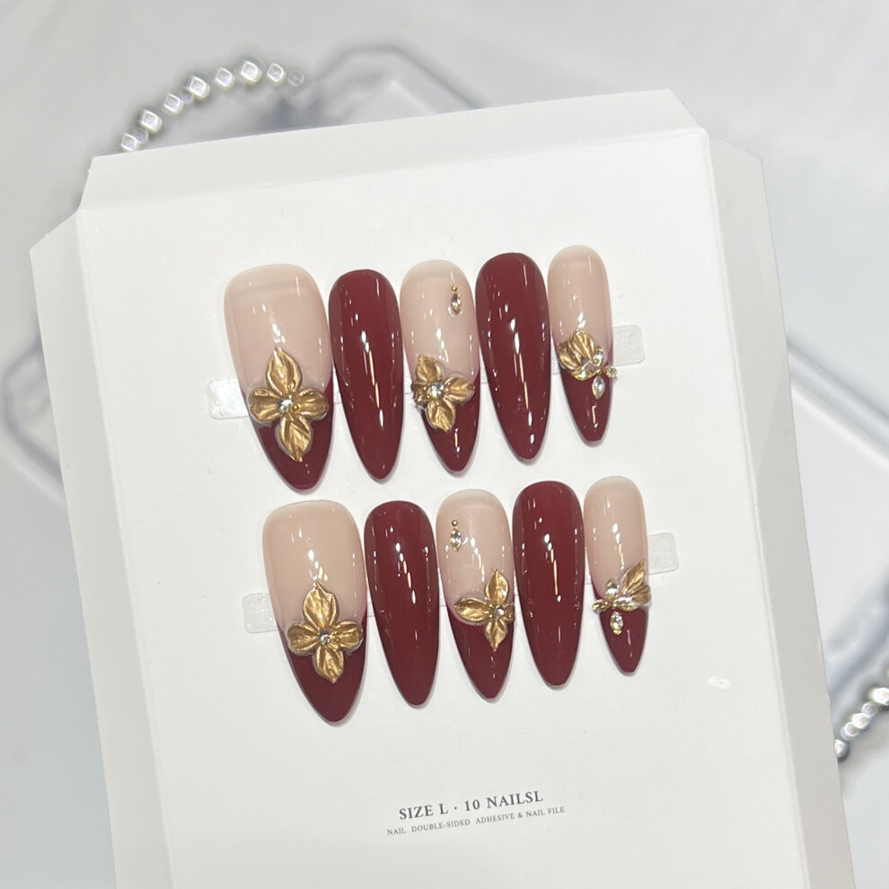 Reach-Tools (L) 10Pcs French Glossy False Nails Red Long Flower Design