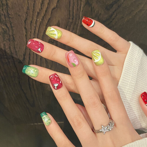 (442) Fruit Decor Fake Nails - Natural & Durable 2