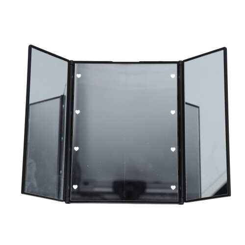 Black 3-Fold LED Lighted Makeup Mirror, Portable, 500mAh, CR2032