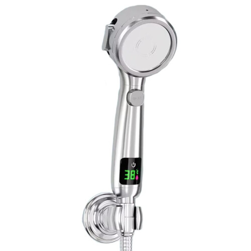 High Pressure Handheld Bathroom Shower  Water Saving Showerhead Adjustable Gush Digital Temperature Display Silver