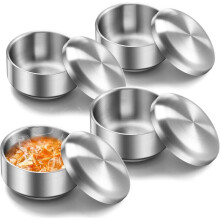 4pc 12 Oz Stainless Steel Korean Soup Rice Bowl with Lid for Cereal Kitchen Restaurant Double-Walled Anti Scalding Bowls